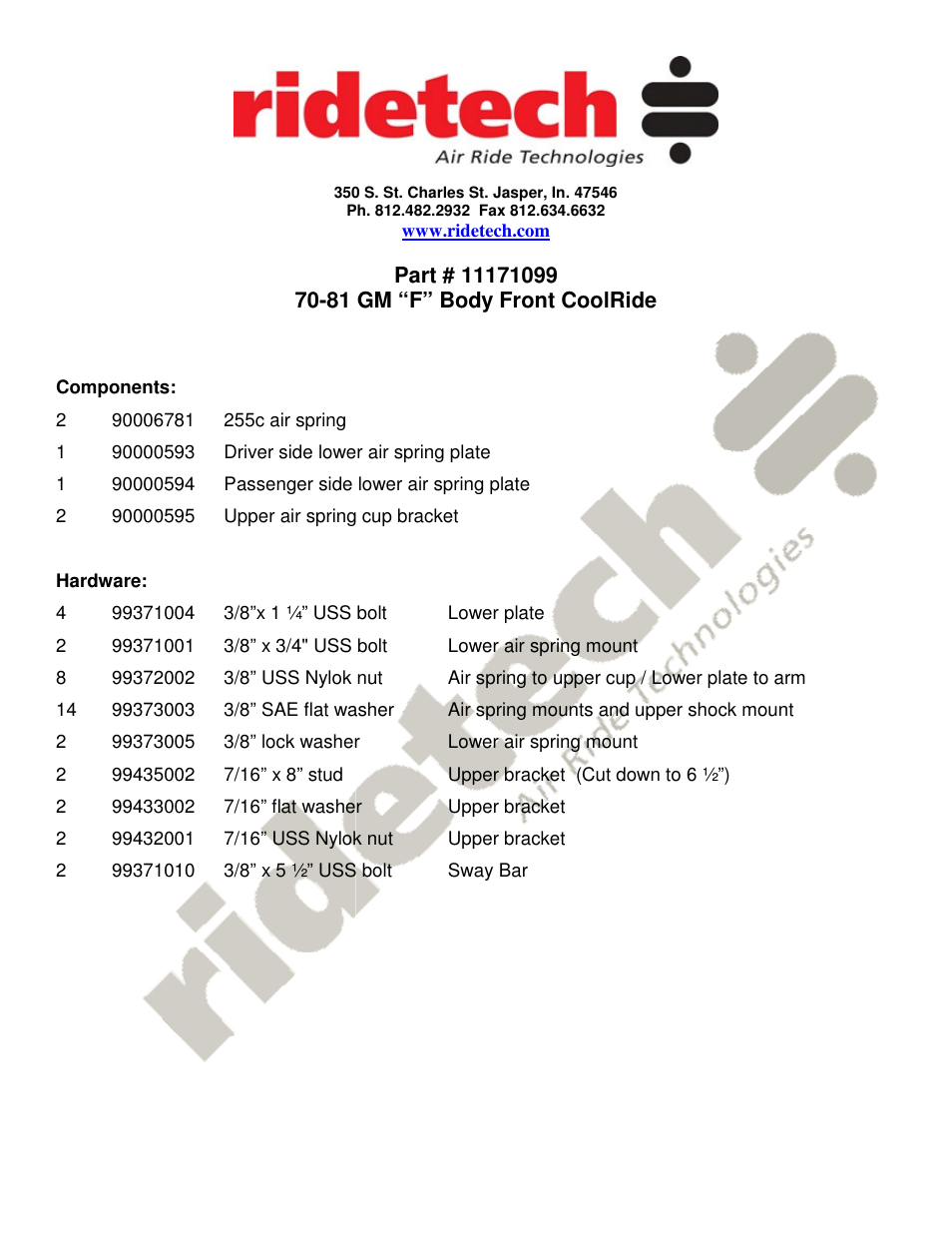Ridetech 11171099 User Manual | 3 pages