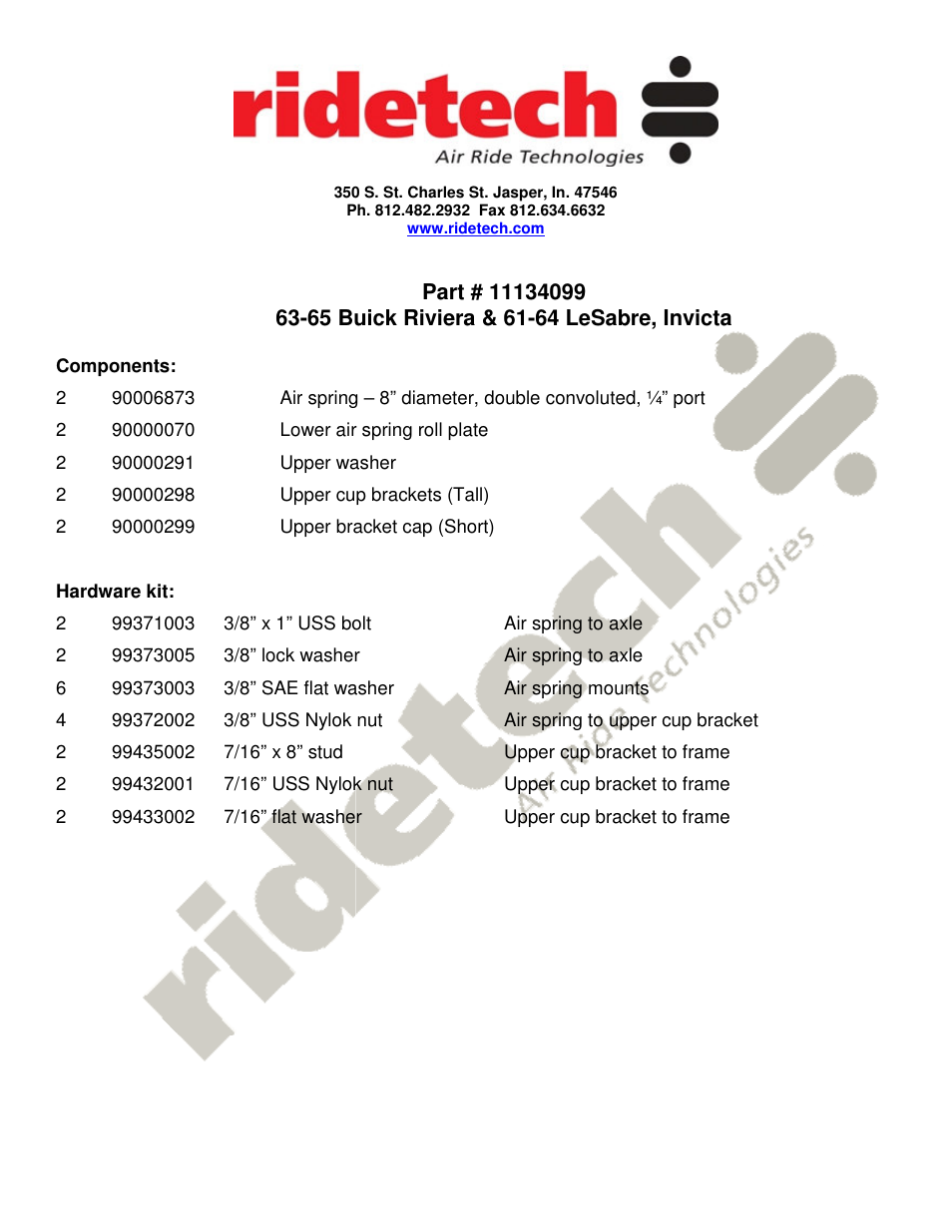 Ridetech 11134099 User Manual | 2 pages
