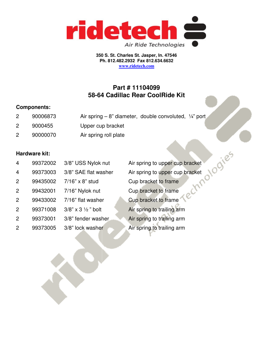 Ridetech 11104099 User Manual | 2 pages