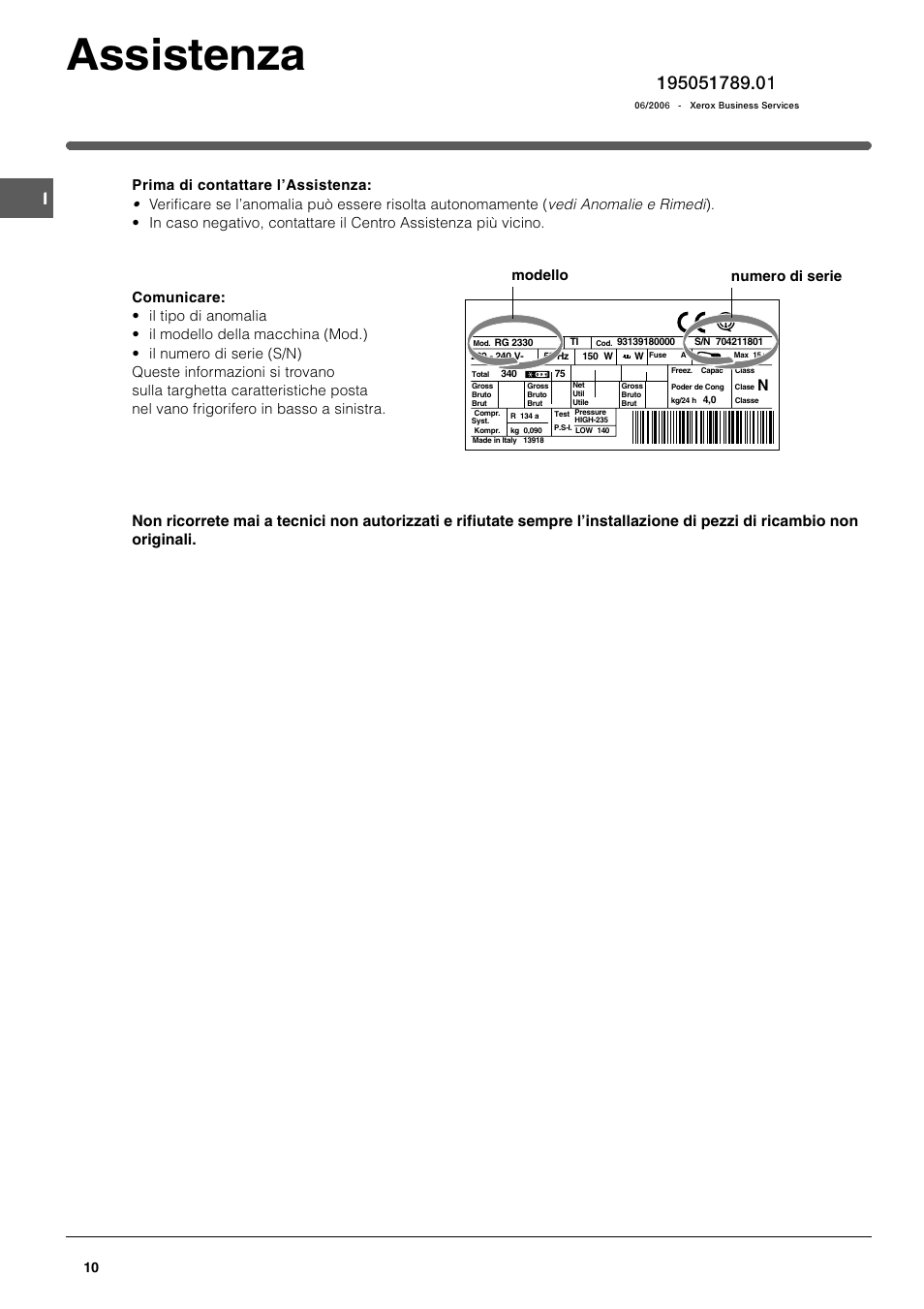 Assistenza, Modello numero di serie | Indesit TAAN 2 X User Manual | Page 10 / 60