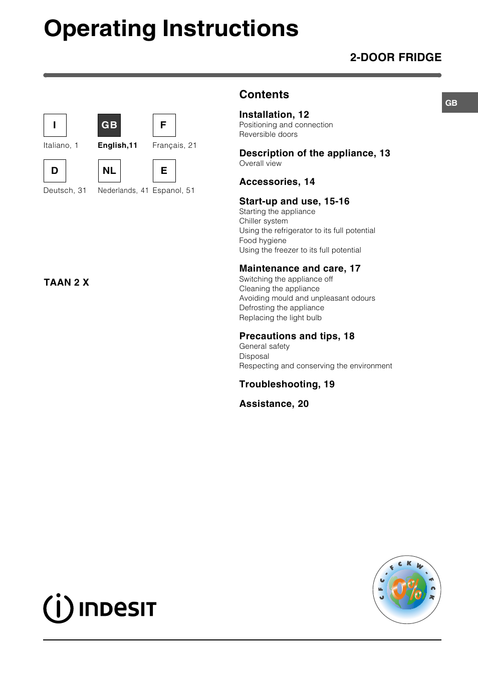 Operating instructions | Indesit TAAN 2 X User Manual | Page 11 / 60