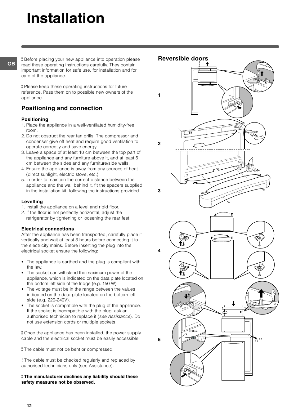 Installation, Reversible doors, Positioning and connection | Indesit TAAN 2 X User Manual | Page 12 / 60