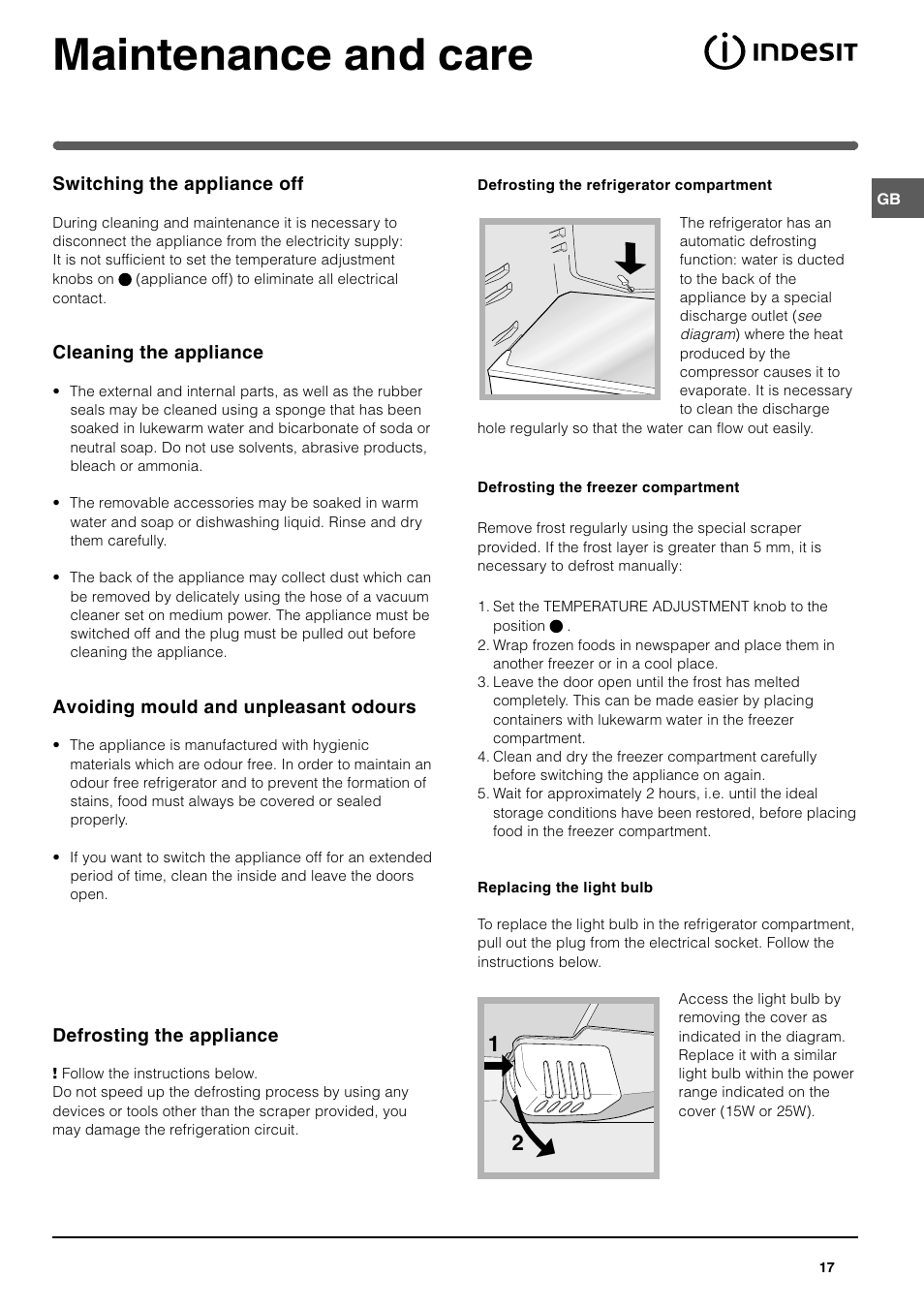 Maintenance and care | Indesit TAAN 2 X User Manual | Page 17 / 60