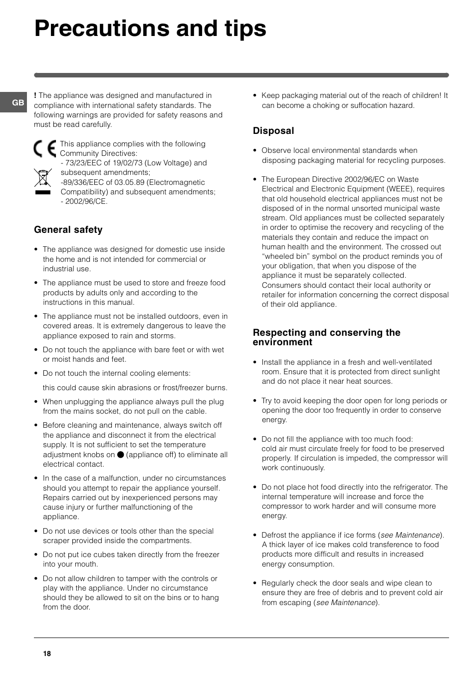 Precautions and tips | Indesit TAAN 2 X User Manual | Page 18 / 60