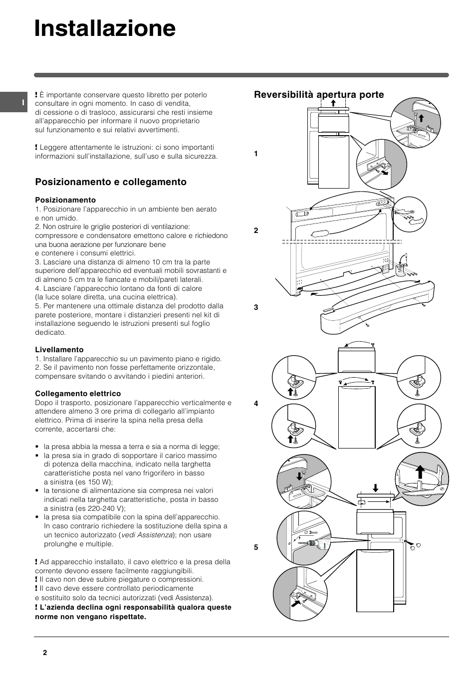 Installazione, Reversibilità apertura porte, Posizionamento e collegamento | Indesit TAAN 2 X User Manual | Page 2 / 60