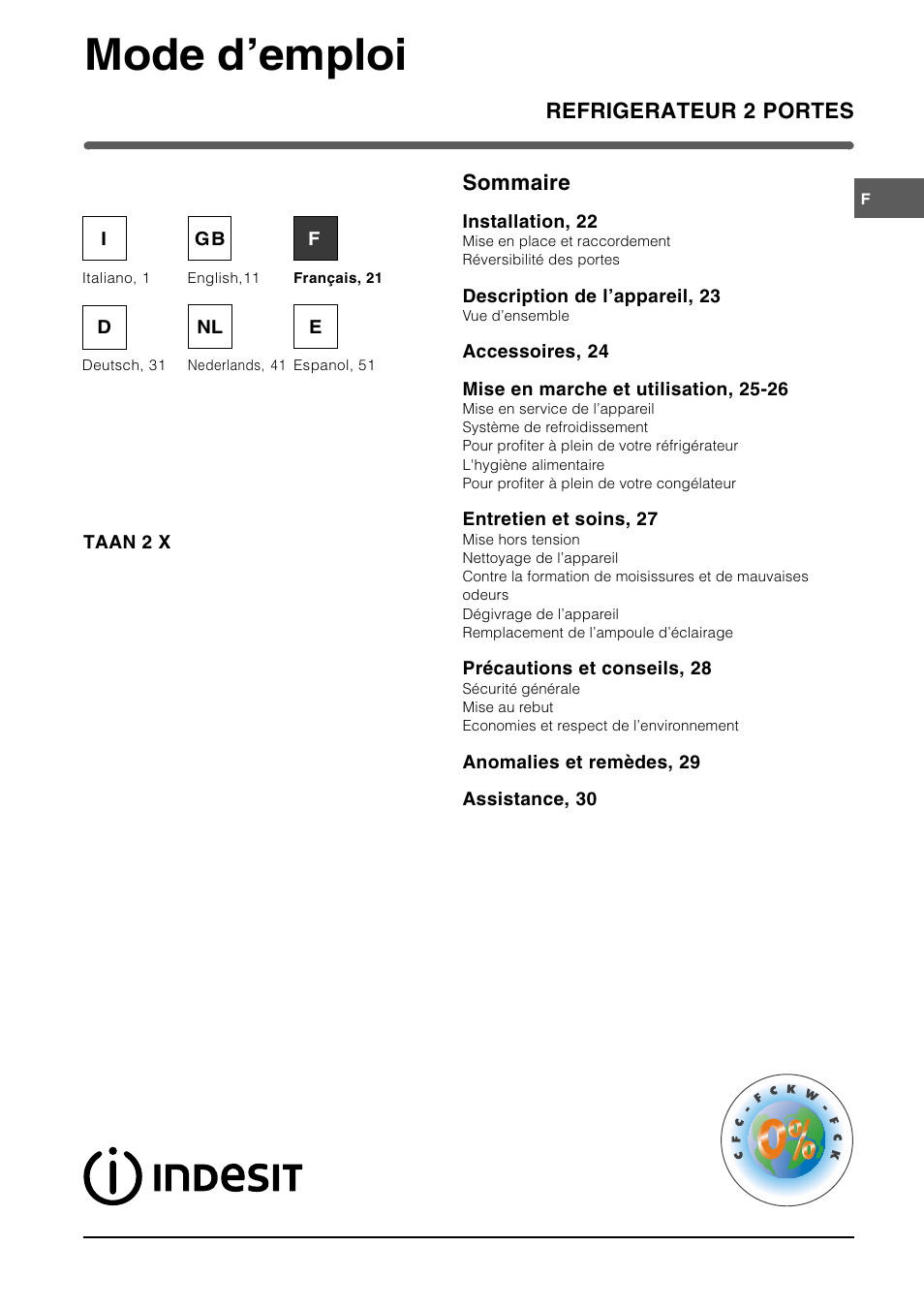Mode demploi | Indesit TAAN 2 X User Manual | Page 21 / 60