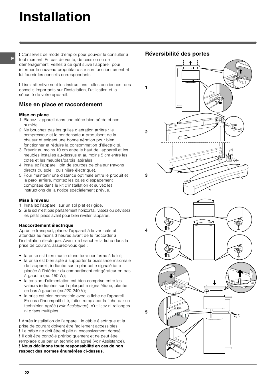 Installation, Réversibilité des portes, Mise en place et raccordement | Indesit TAAN 2 X User Manual | Page 22 / 60