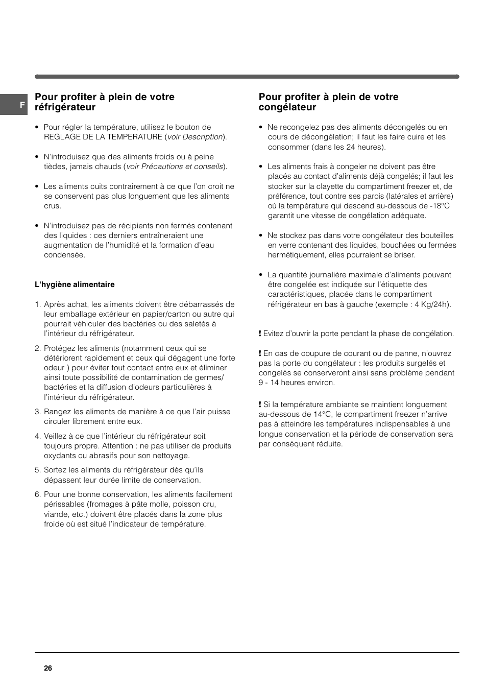 Pour profiter à plein de votre réfrigérateur, Pour profiter à plein de votre congélateur | Indesit TAAN 2 X User Manual | Page 26 / 60