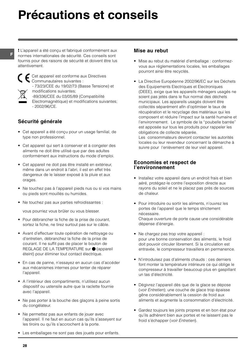 Précautions et conseils | Indesit TAAN 2 X User Manual | Page 28 / 60