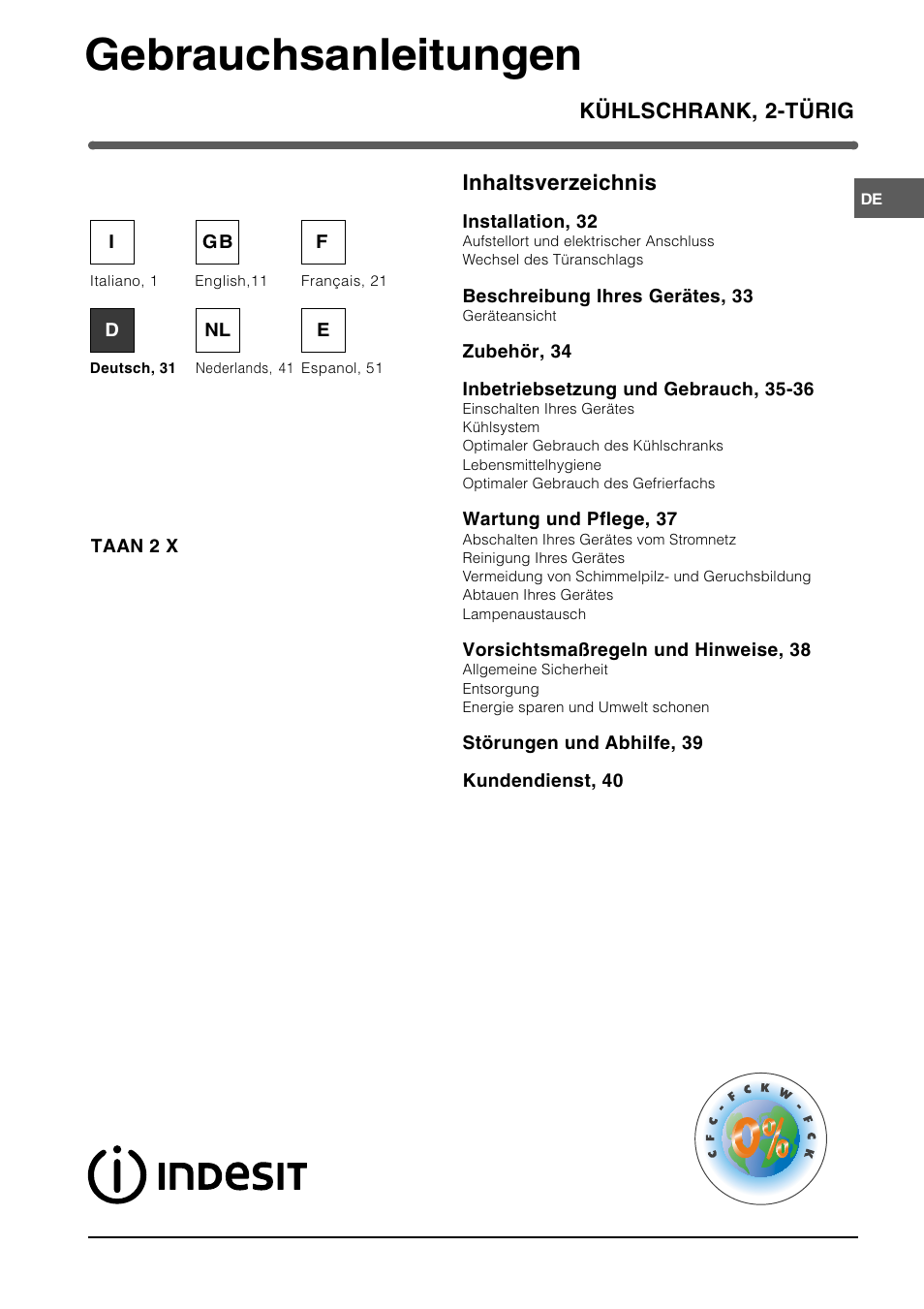 Gebrauchsanleitungen | Indesit TAAN 2 X User Manual | Page 31 / 60