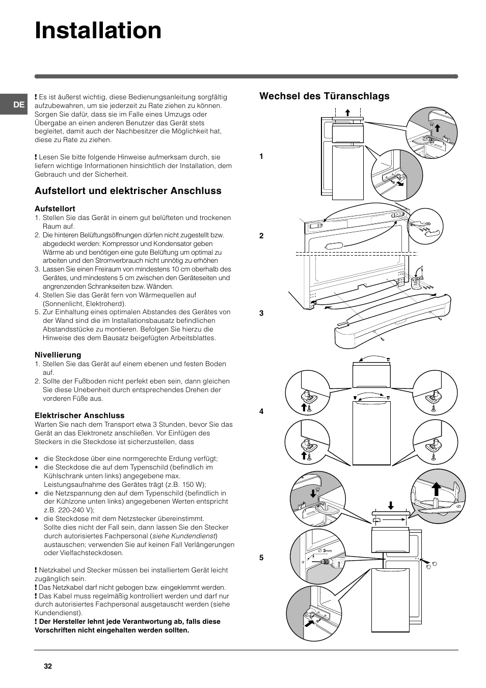 Installation, Aufstellort und elektrischer anschluss, Wechsel des türanschlags | Indesit TAAN 2 X User Manual | Page 32 / 60