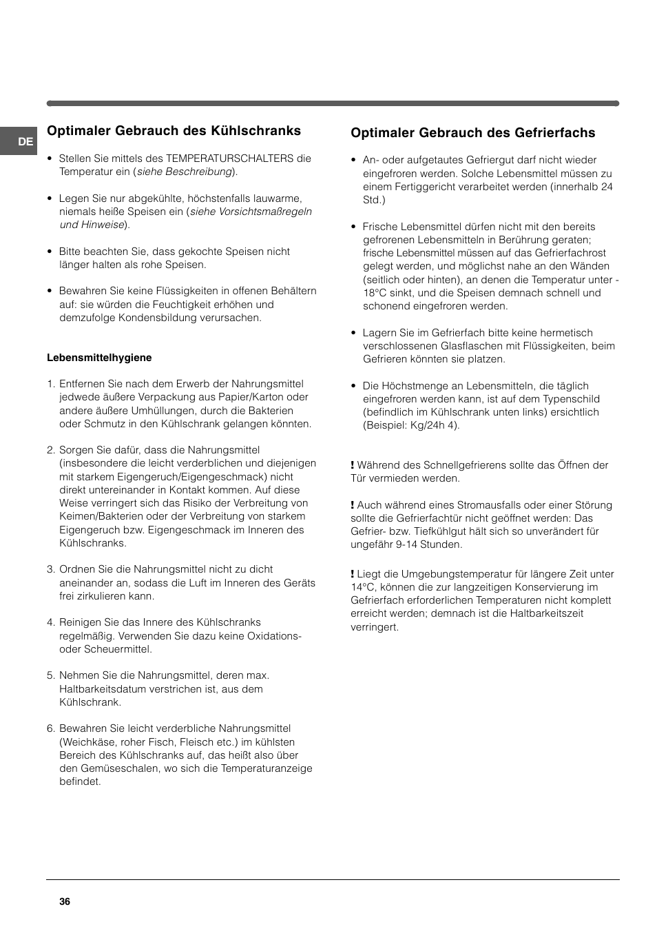 Optimaler gebrauch des kühlschranks, Optimaler gebrauch des gefrierfachs | Indesit TAAN 2 X User Manual | Page 36 / 60