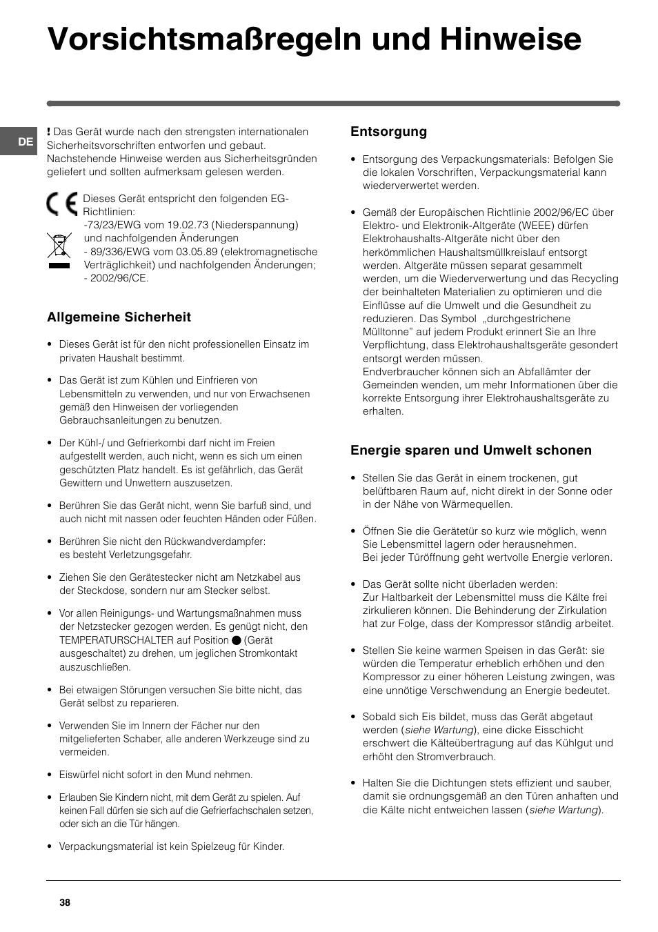 Vorsichtsmaßregeln und hinweise | Indesit TAAN 2 X User Manual | Page 38 / 60