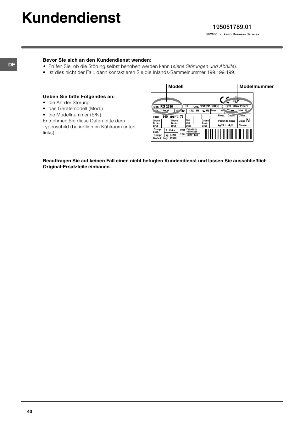 Kundendienst, Modell modellnummer | Indesit TAAN 2 X User Manual | Page 40 / 60