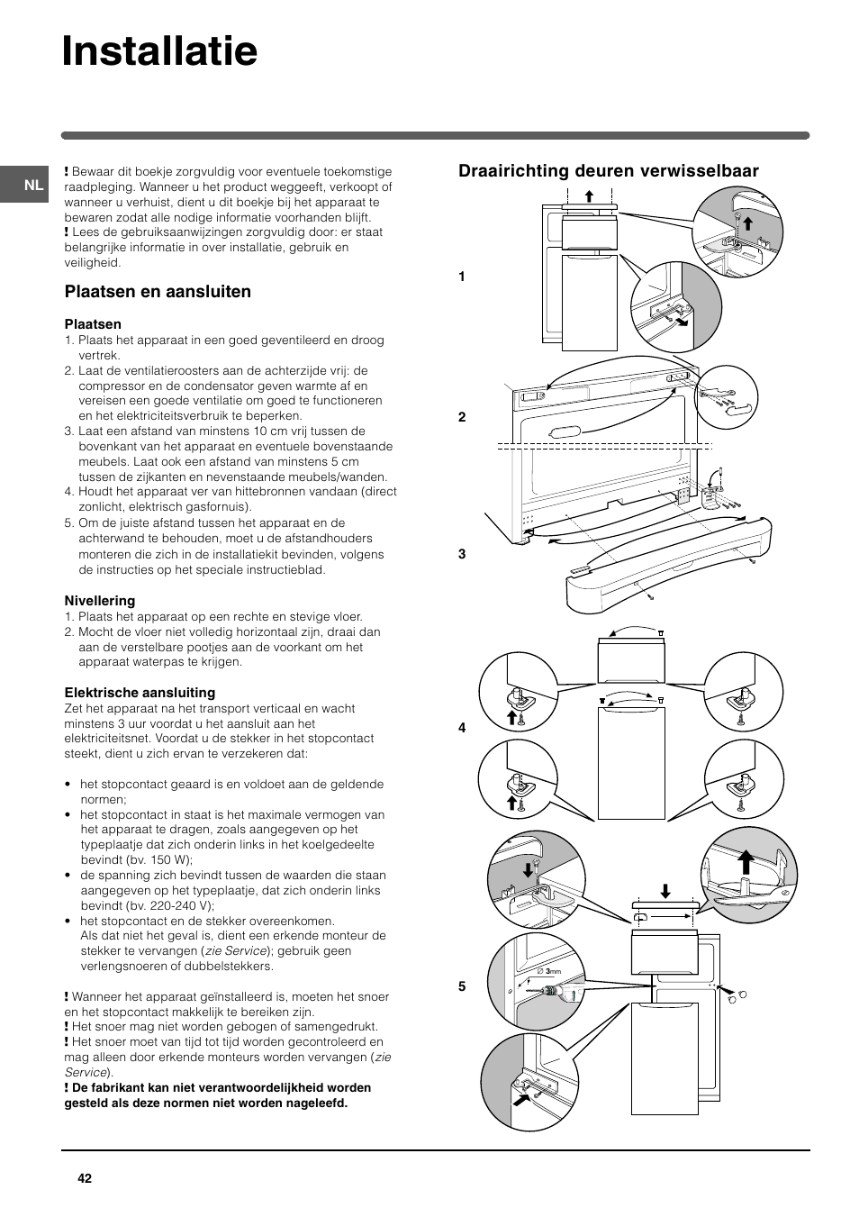 Installatie, Draairichting deuren verwisselbaar, Plaatsen en aansluiten | Indesit TAAN 2 X User Manual | Page 42 / 60