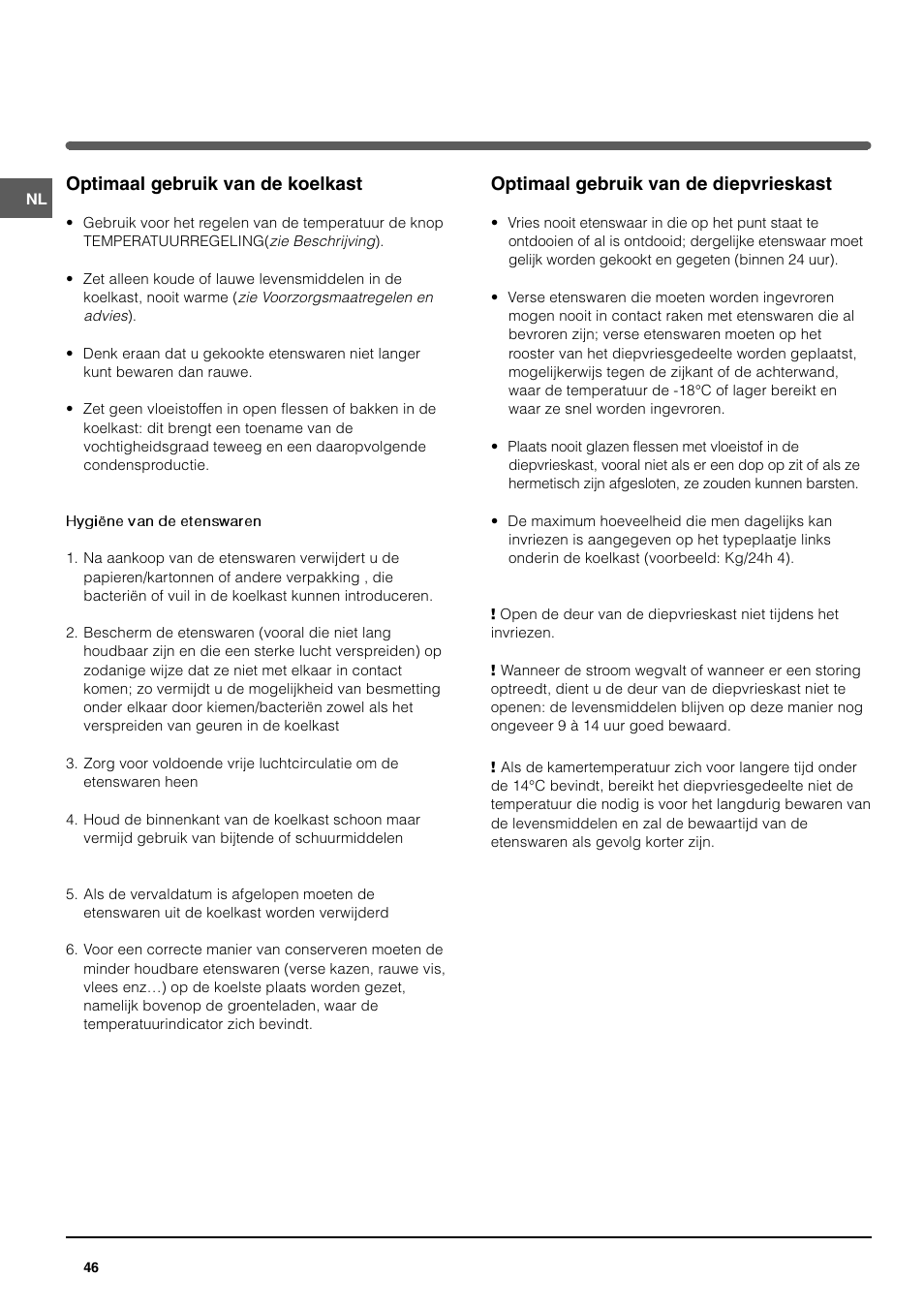 Optimaal gebruik van de koelkast, Optimaal gebruik van de diepvrieskast | Indesit TAAN 2 X User Manual | Page 46 / 60