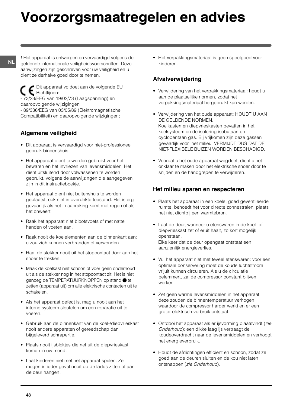 Voorzorgsmaatregelen en advies | Indesit TAAN 2 X User Manual | Page 48 / 60
