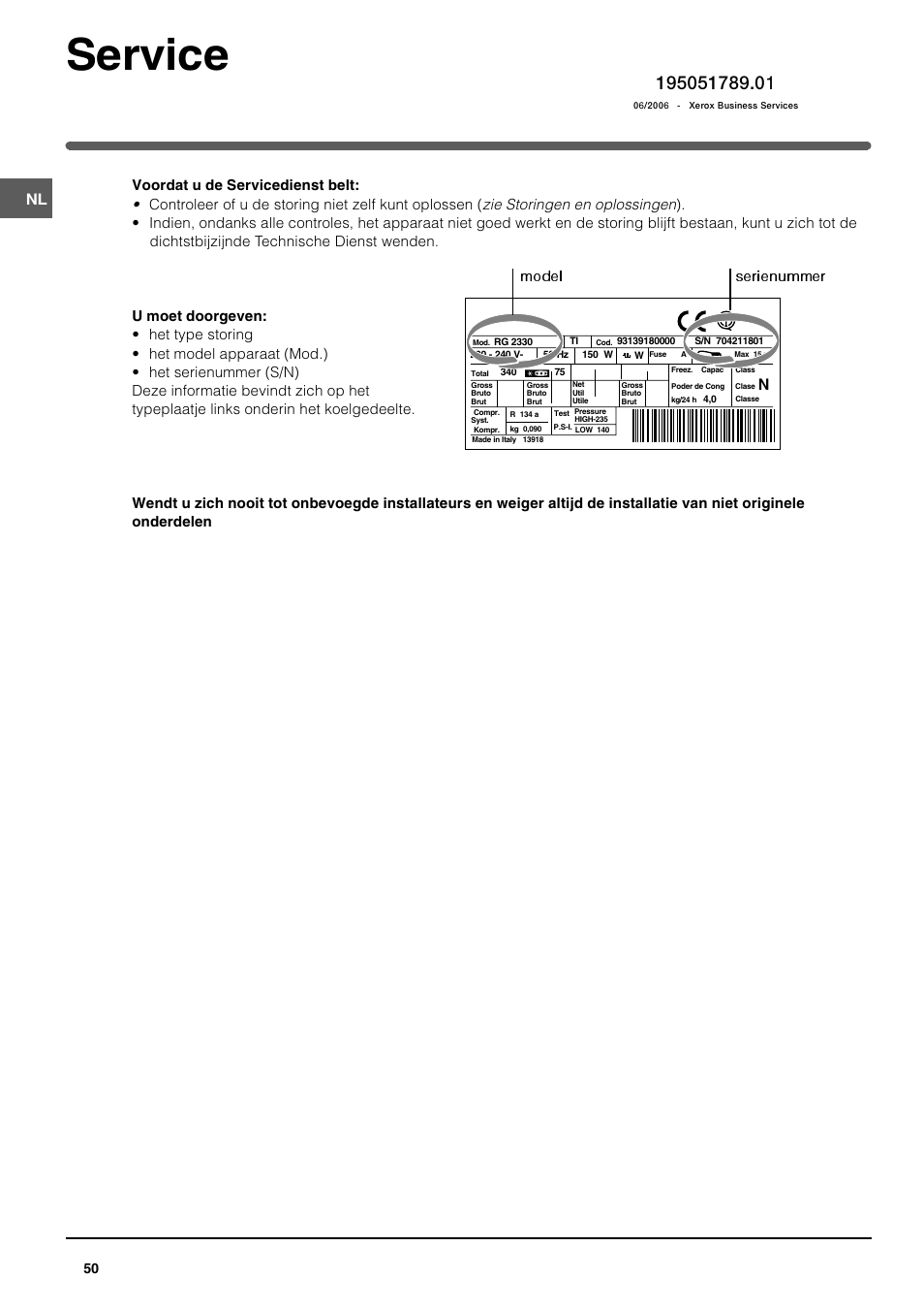 Service, Model serienummer | Indesit TAAN 2 X User Manual | Page 50 / 60