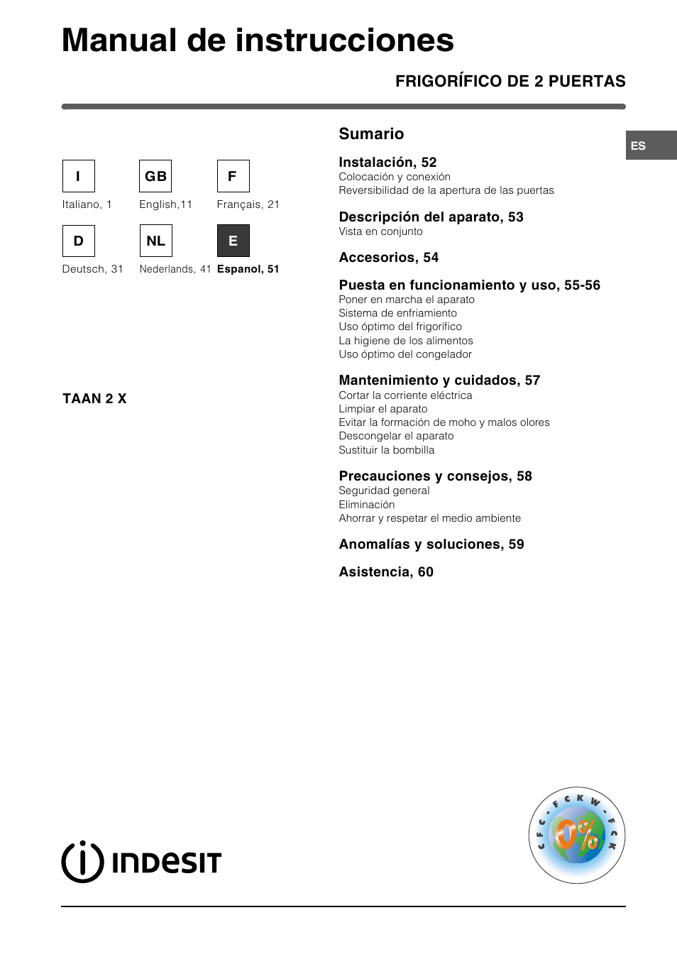 Manual de instrucciones, Frigorífico de 2 puertas sumario | Indesit TAAN 2 X User Manual | Page 51 / 60