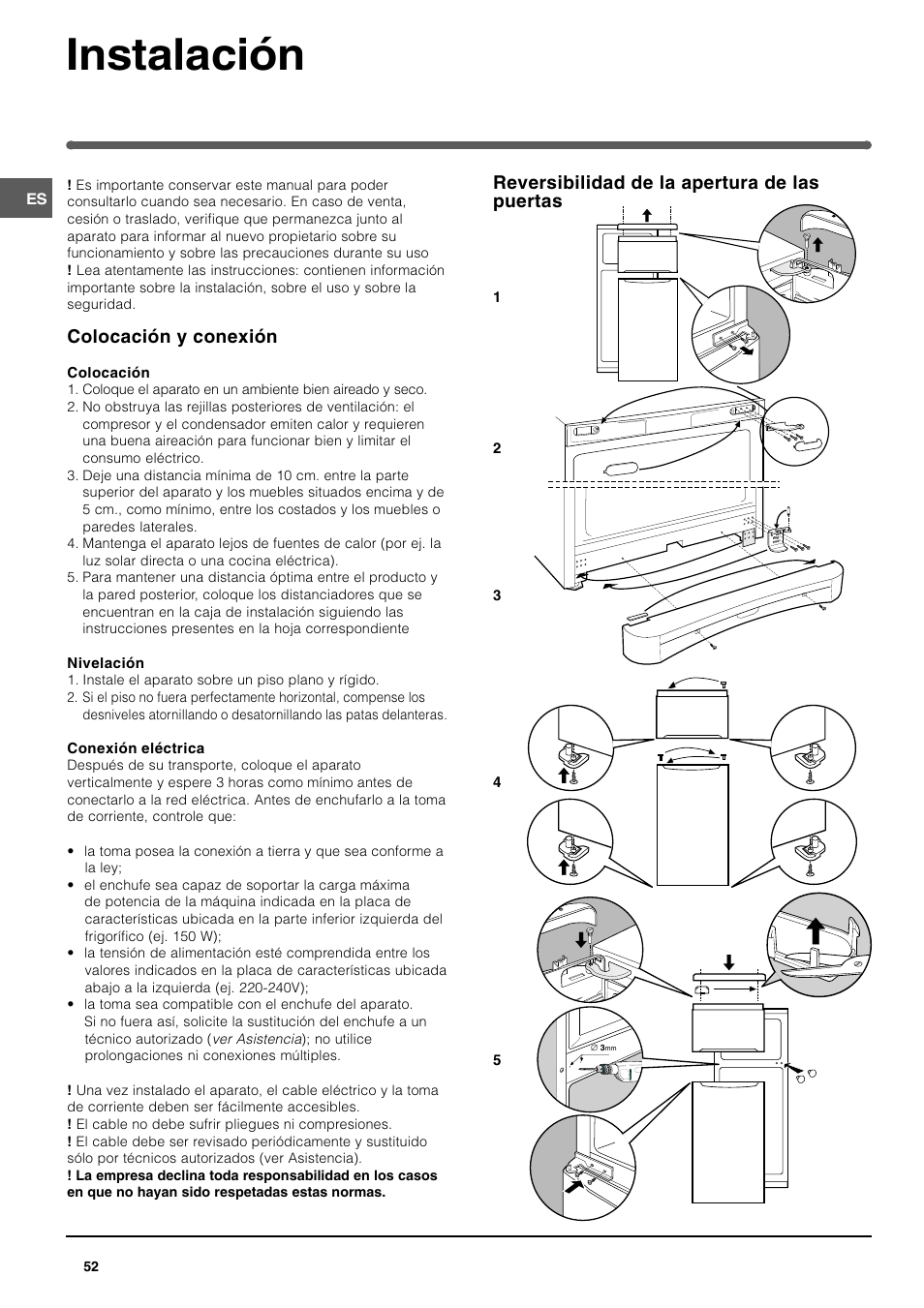 Instalación, Reversibilidad de la apertura de las puertas, Colocación y conexión | Indesit TAAN 2 X User Manual | Page 52 / 60