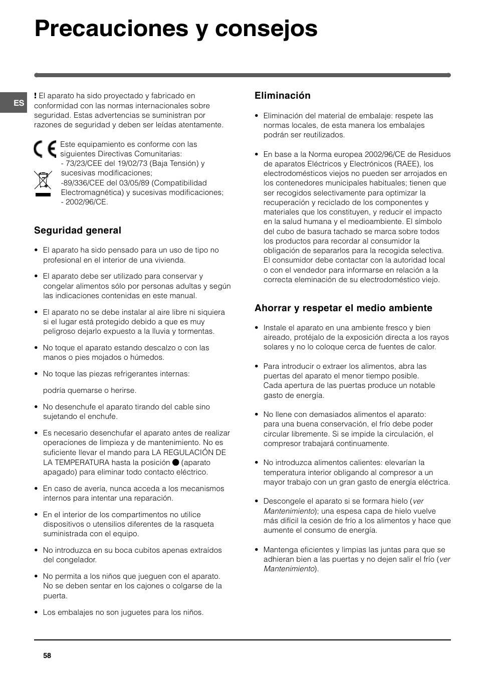 Precauciones y consejos | Indesit TAAN 2 X User Manual | Page 58 / 60