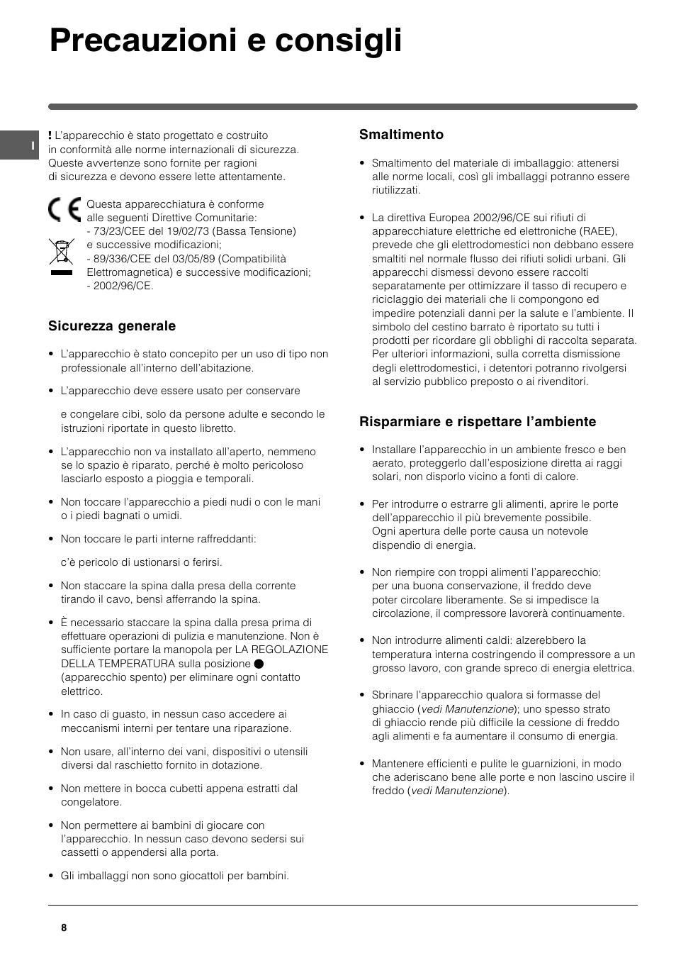 Precauzioni e consigli | Indesit TAAN 2 X User Manual | Page 8 / 60