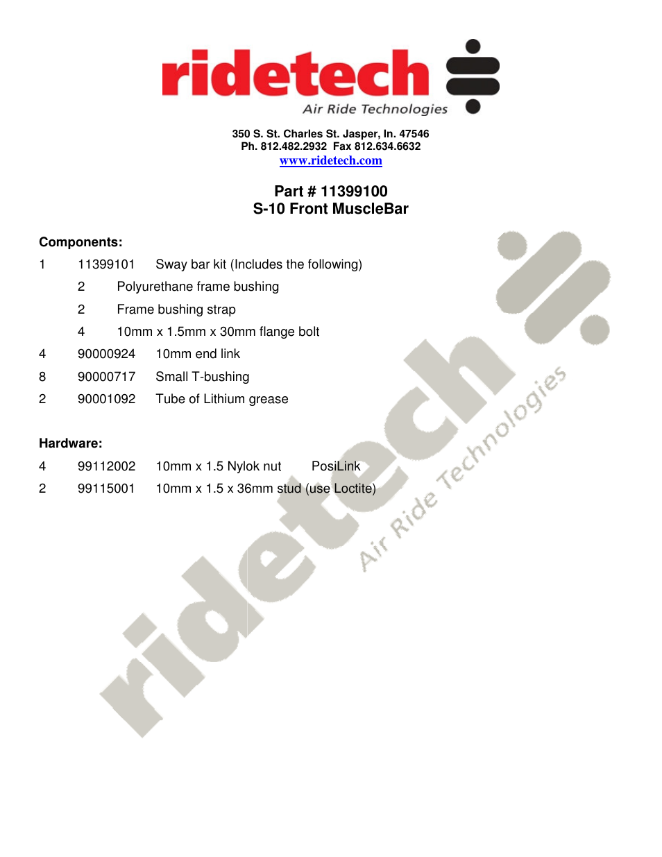 Ridetech 11399100 User Manual | 2 pages