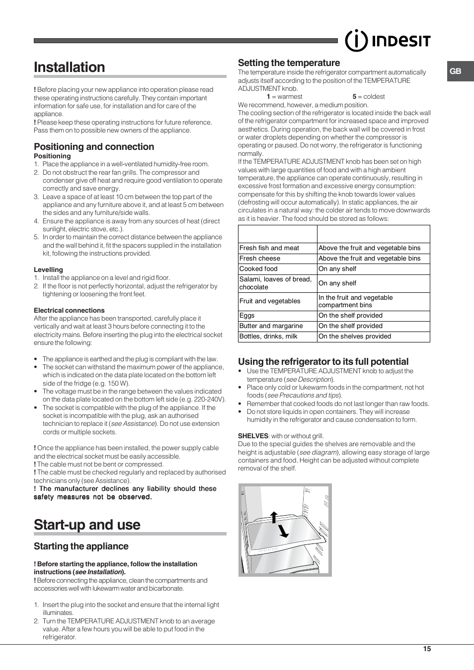Installation, Start-up and use, Positioning and connection | Starting the appliance, Setting the temperature, Using the refrigerator to its full potential | Indesit RAA 24 N User Manual | Page 15 / 52