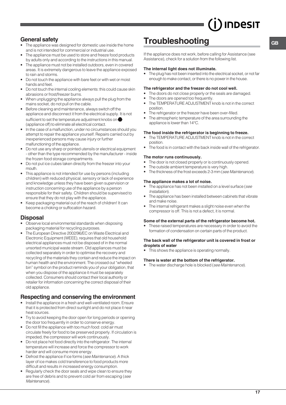 Troubleshooting, General safety, Disposal | Respecting and conserving the environment | Indesit RAA 24 N User Manual | Page 17 / 52