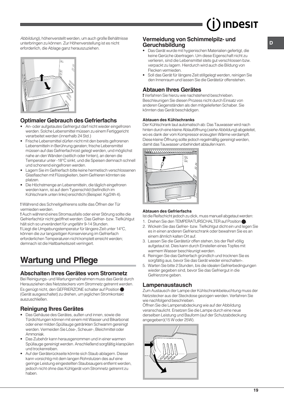 Wartung und pflege, 12 optimaler gebrauch des gefrierfachs, Abschalten ihres gerätes vom stromnetz | Reinigung ihres gerätes, Vermeidung von schimmelpilz- und geruchsbildung, Abtauen ihres gerätes, Lampenaustausch | Indesit RAA 24 N User Manual | Page 19 / 52
