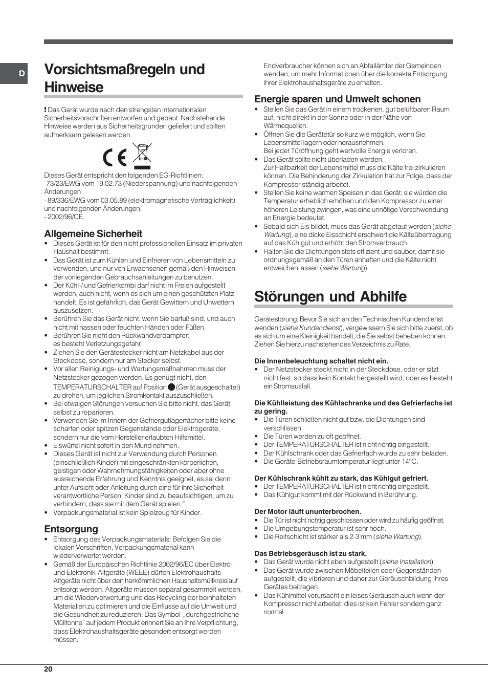 Vorsichtsmaßregeln und hinweise, Störungen und abhilfe, Allgemeine sicherheit | Entsorgung, Energie sparen und umwelt schonen | Indesit RAA 24 N User Manual | Page 20 / 52