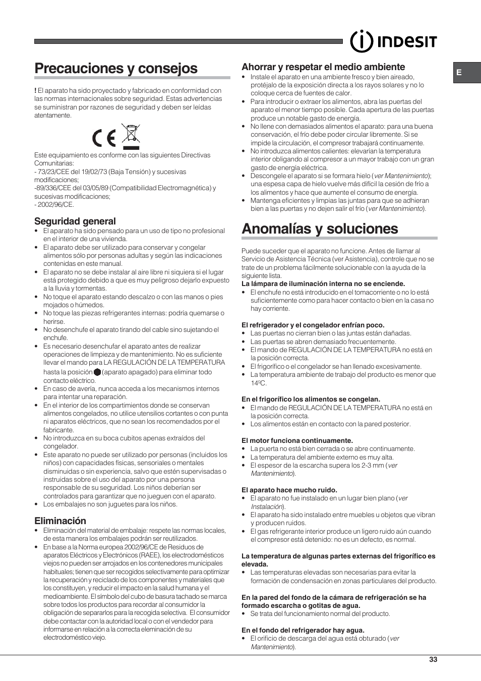 Precauciones y consejos, Anomalías y soluciones, Seguridad general | Eliminación, Ahorrar y respetar el medio ambiente | Indesit RAA 24 N User Manual | Page 33 / 52