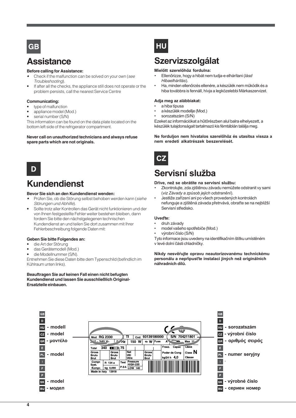Assistance, Kundendienst | Indesit RAA 24 N User Manual | Page 4 / 52