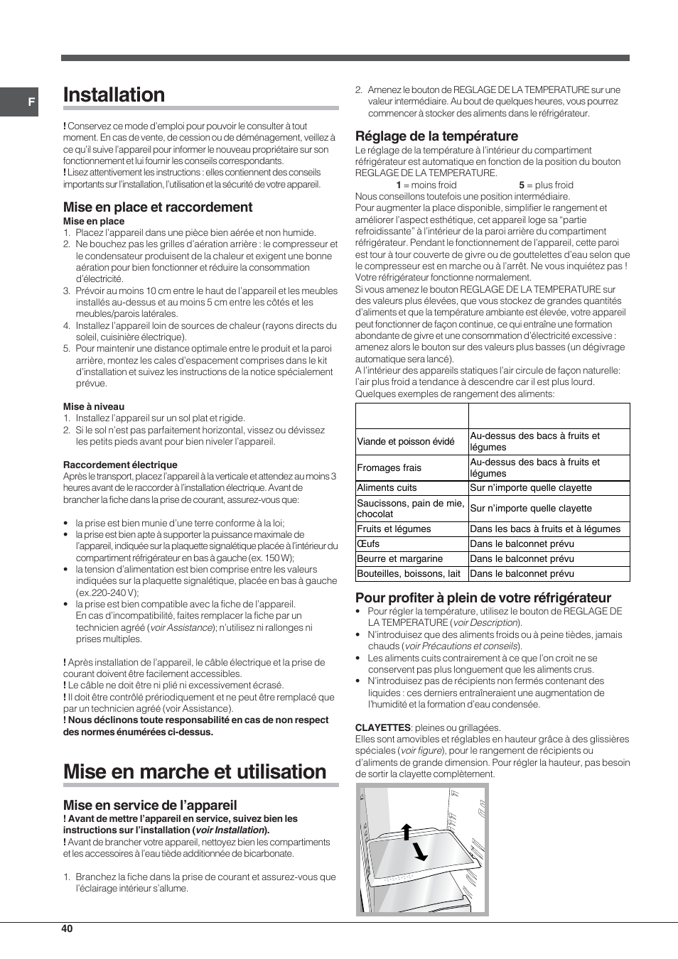 Installation, Mise en marche et utilisation, Mise en place et raccordement | Mise en service de l’appareil, Réglage de la température, Pour profiter à plein de votre réfrigérateur | Indesit RAA 24 N User Manual | Page 40 / 52