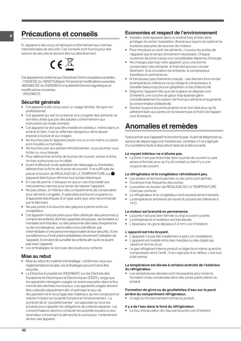 Précautions et conseils, Anomalies et remèdes, Sécurité générale | Mise au rebut, Economies et respect de l’environnement | Indesit RAA 24 N User Manual | Page 42 / 52