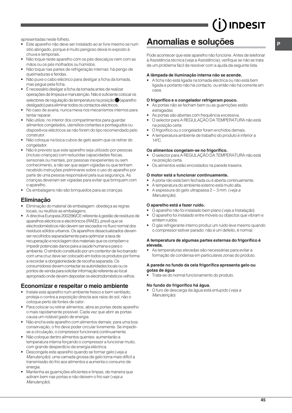 Anomalias e soluções, Eliminação, Economizar e respeitar o meio ambiente | Indesit RAA 24 N User Manual | Page 45 / 52