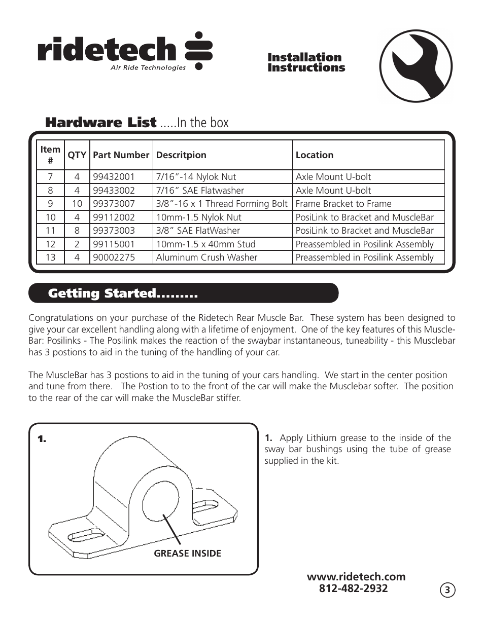 Hardware list .....in the box, Getting started, Installation instructions | Ridetech 11059102 User Manual | Page 3 / 6