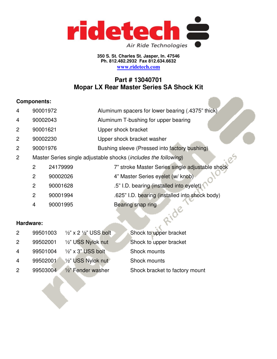 Ridetech 13040701 User Manual | 3 pages