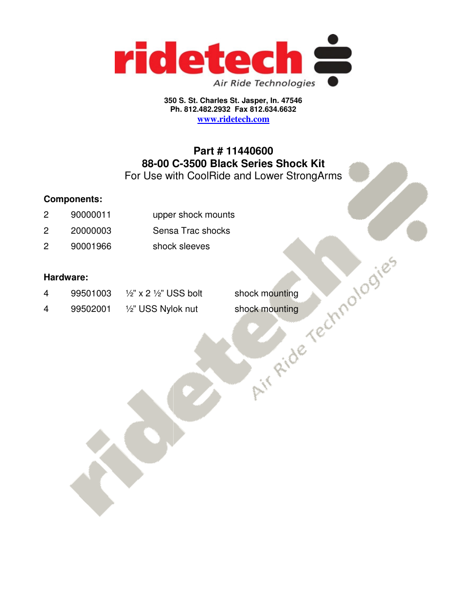 Ridetech 11440600 User Manual | 1 page