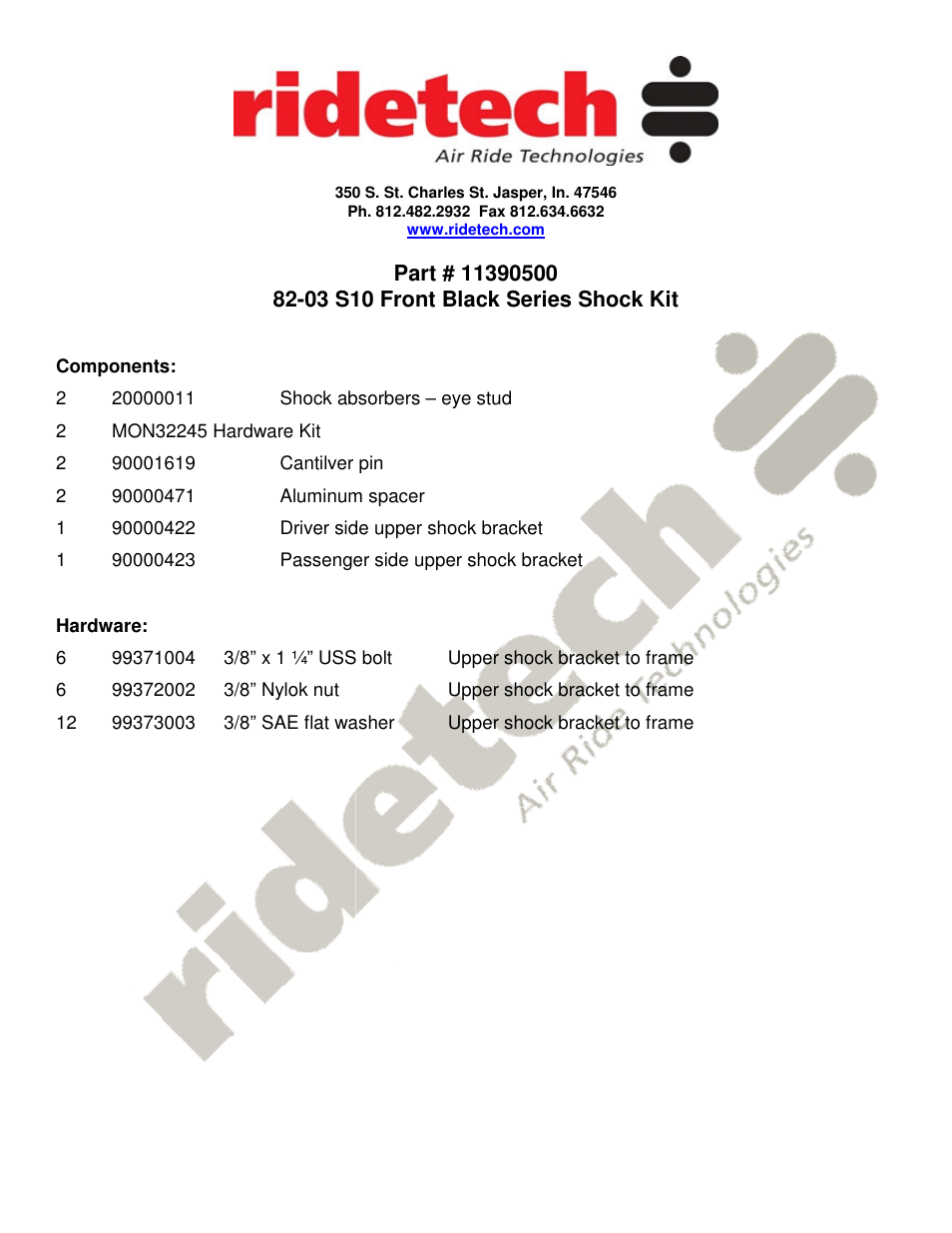 Ridetech 11390500 User Manual | 2 pages