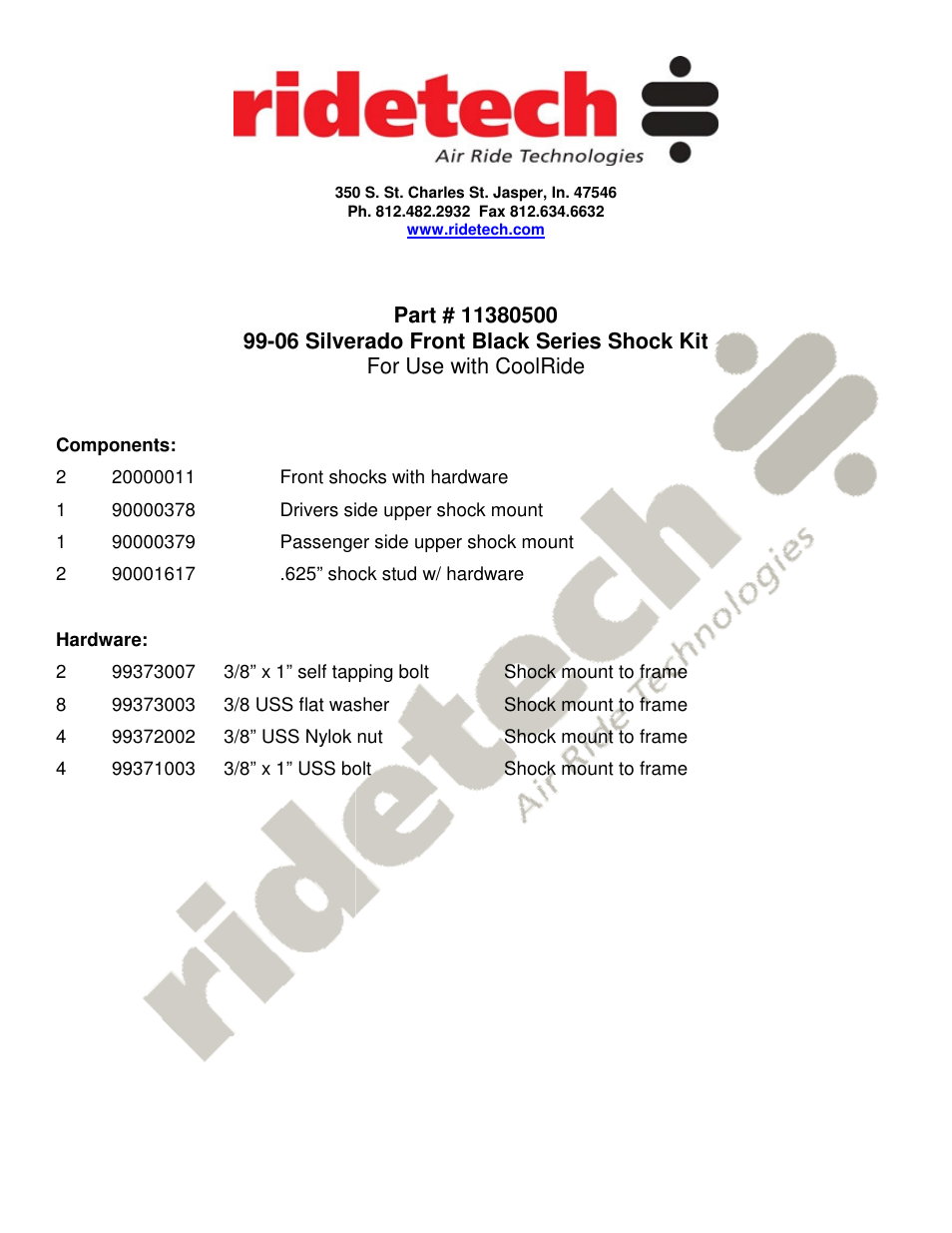 Ridetech 11380500 User Manual | 2 pages