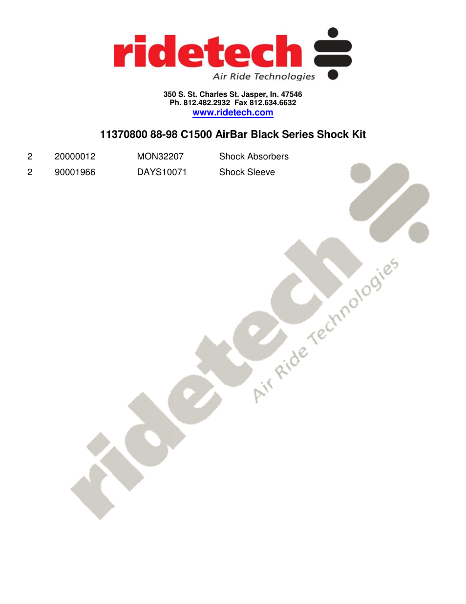 Ridetech 11370800 User Manual | 1 page