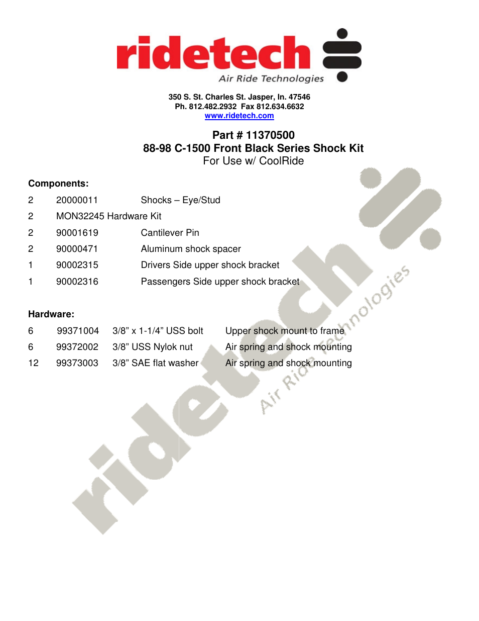 Ridetech 11370500 User Manual | 2 pages