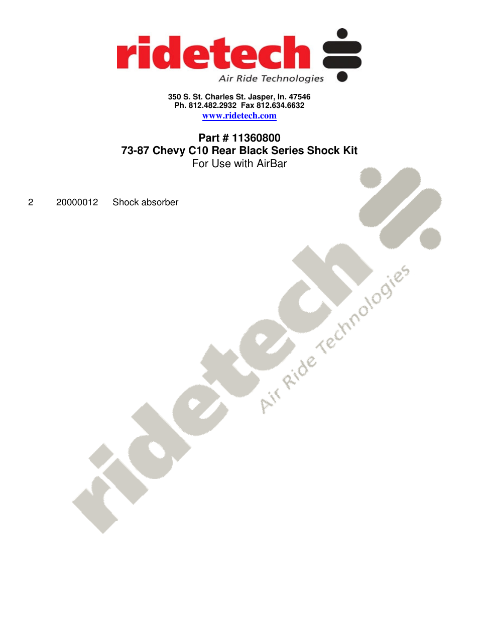 Ridetech 11360800 User Manual | 1 page