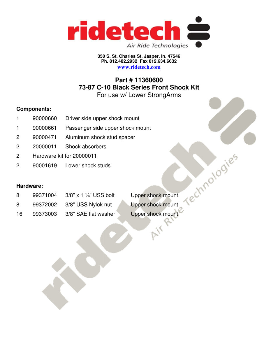 Ridetech 11360600 User Manual | 2 pages