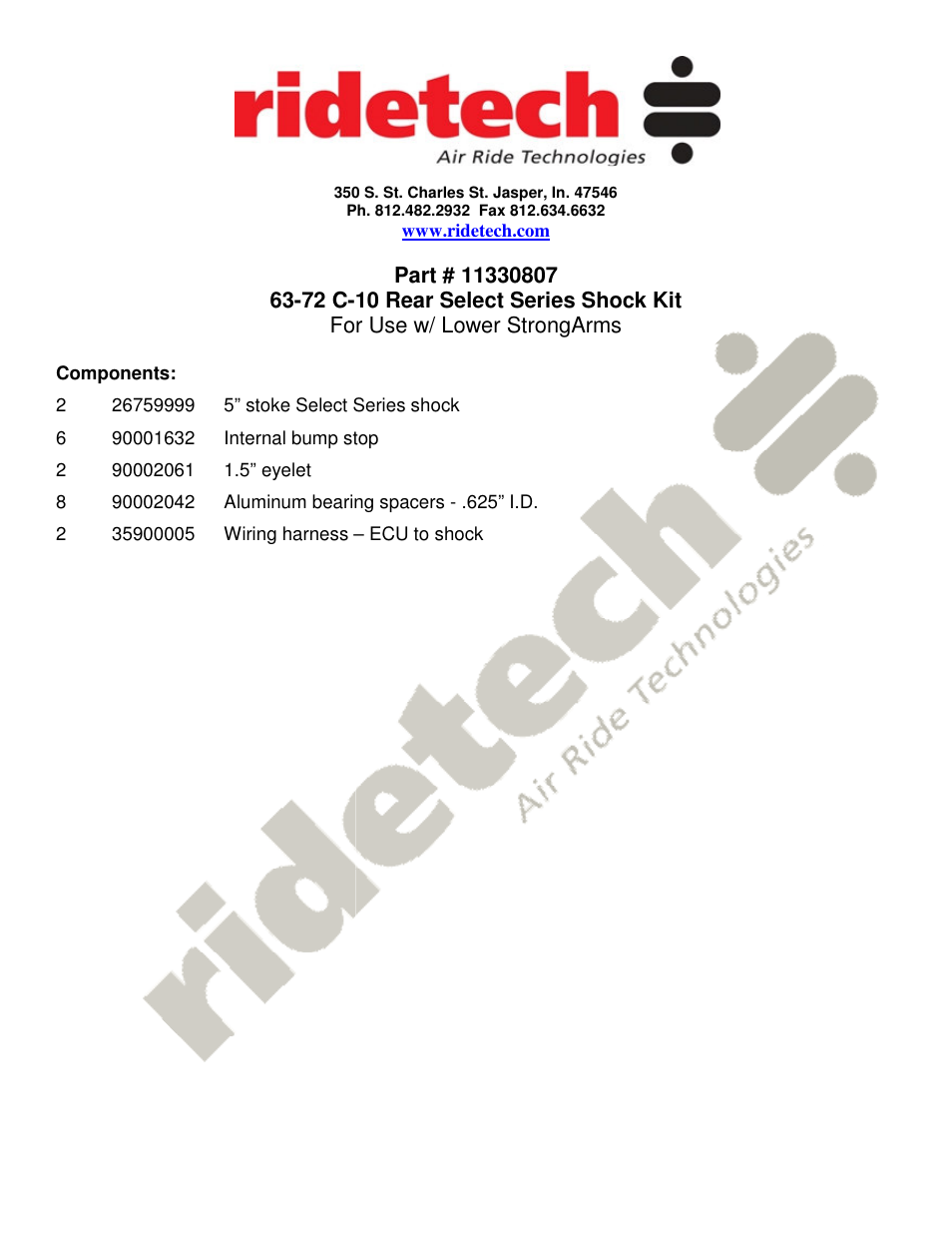 Ridetech 11330807 User Manual | 1 page