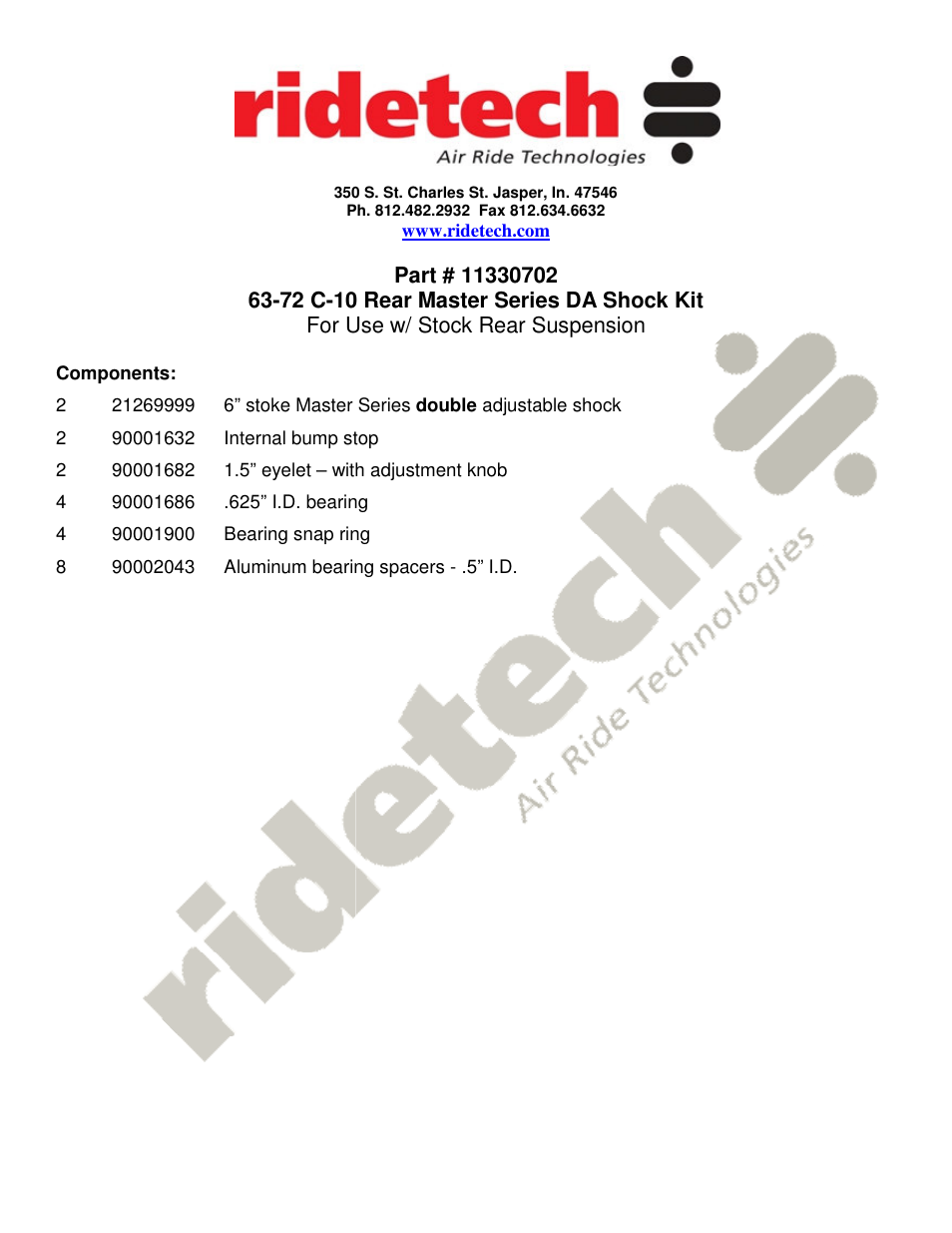 Ridetech 11330702 User Manual | 2 pages