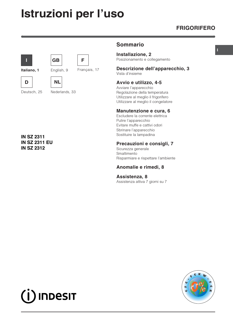 Indesit IN SZ 2311 User Manual | 40 pages