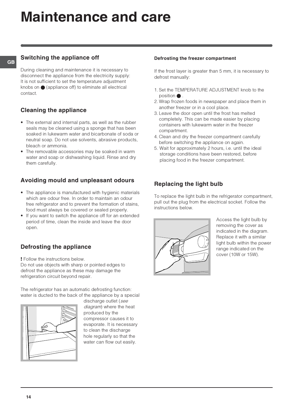 Maintenance and care | Indesit IN SZ 2311 User Manual | Page 14 / 40