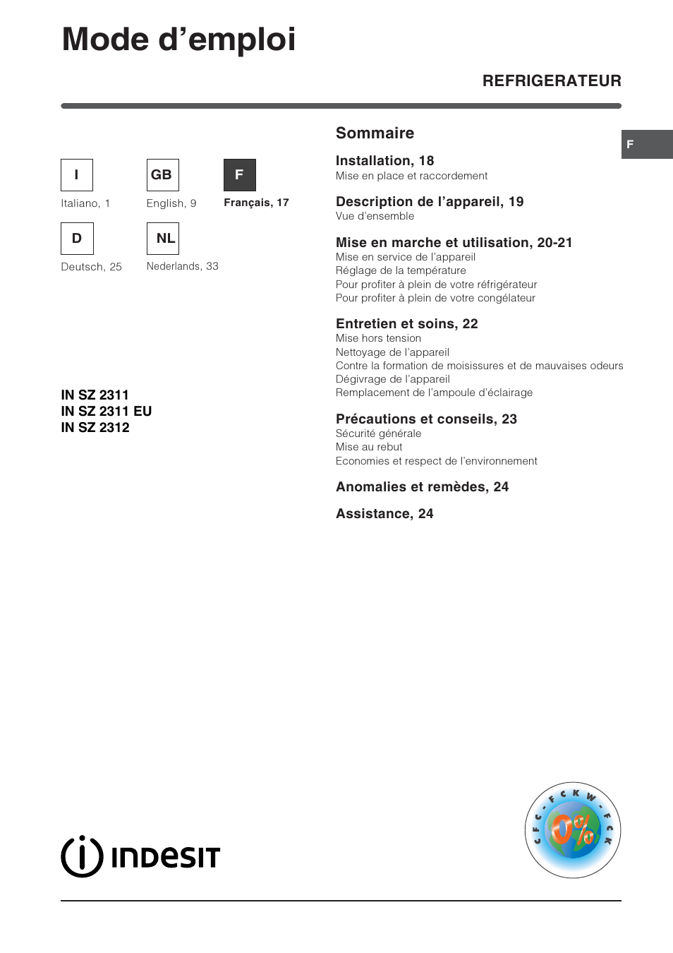 Mode demploi, Refrigerateur, Sommaire | Indesit IN SZ 2311 User Manual | Page 17 / 40